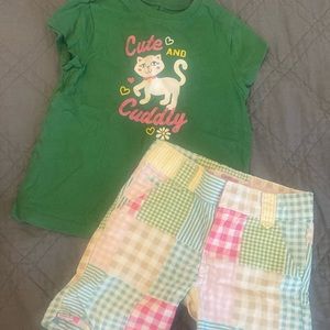 Osh Kosh B’Gosh outfit 4 4T Kitty Cat Shirt Plaid shorts pink green Cute Cuddly